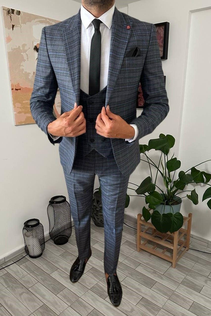 Wholesale Men's Shadow Blue Three-Piece Suit 1701W26-084