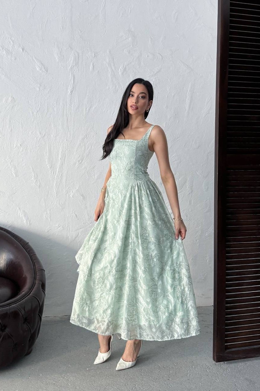 Wholesale Mint Jacquard Organza Dress with Overlay 0034-3161
