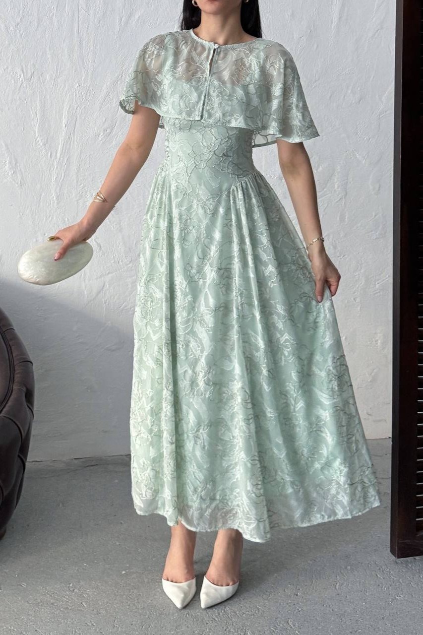 Wholesale Mint Jacquard Organza Dress with Overlay 0034-3161