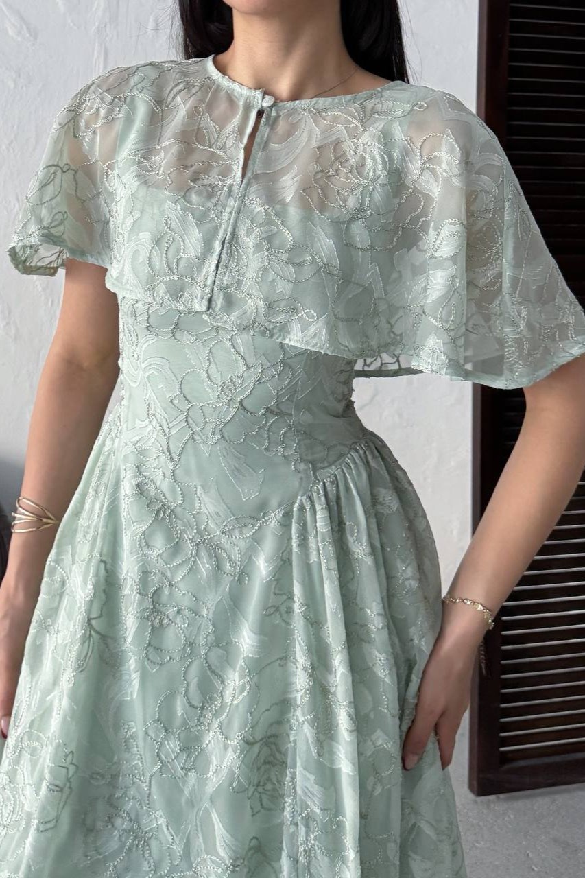 Wholesale Mint Jacquard Organza Dress with Overlay 0034-3161
