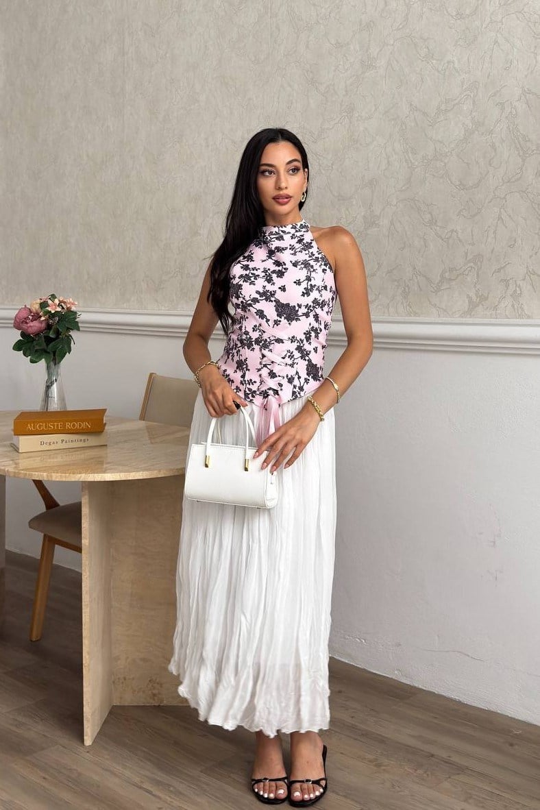 Wholesale Pink Corset Blouse and Maxi Skirt Set 0034-3178
