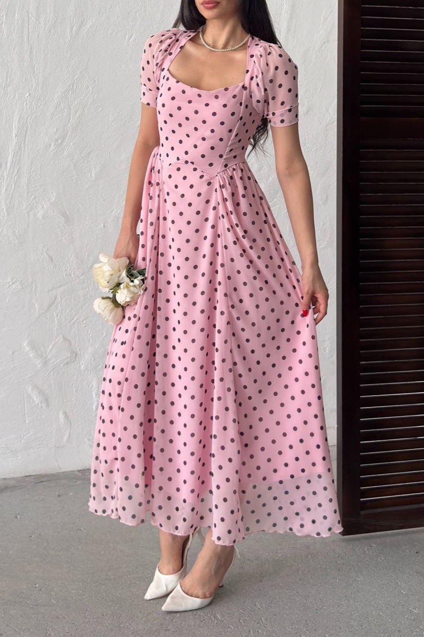Wholesale Pink Polka Dot Chiffon Dress 0034-3164
