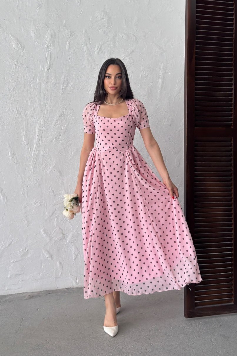 Wholesale Pink Polka Dot Chiffon Dress 0034-3164