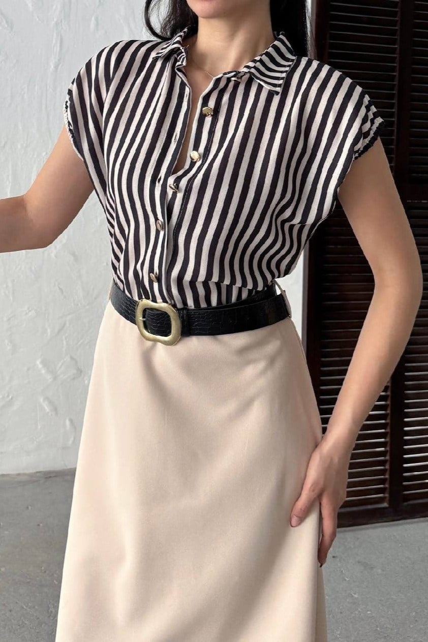Wholesale Stone Striped Shirt-Dress with Belt 0034-3168
