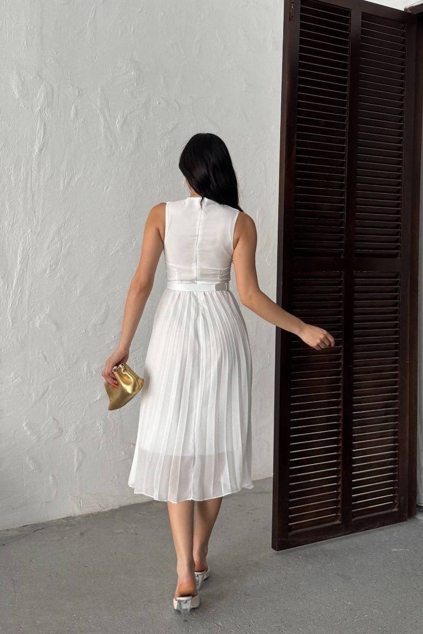 Wholesale White Pleated Chiffon Dress with Belt 0034-3139