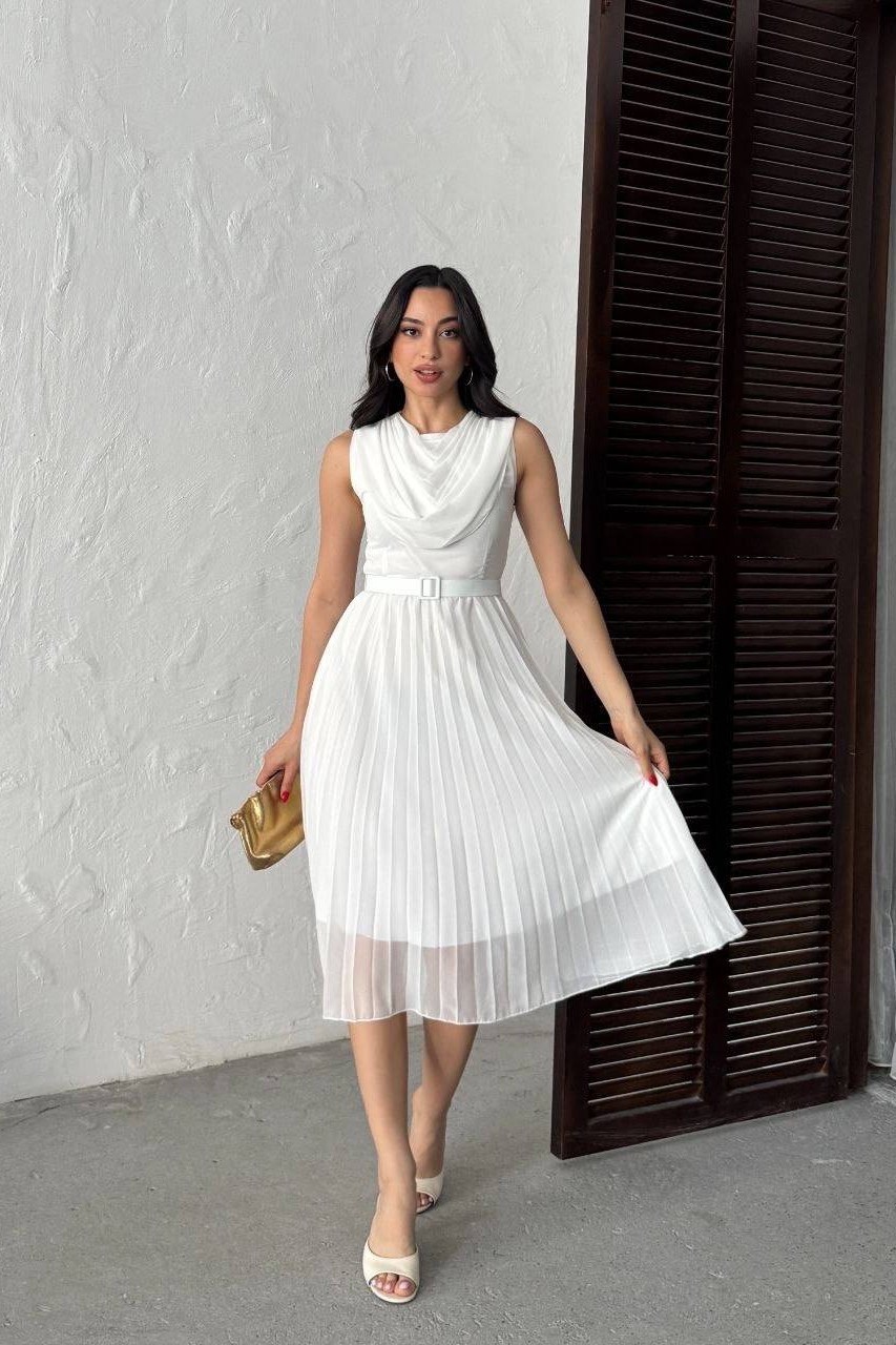 Wholesale White Pleated Chiffon Dress with Belt 0034-3139