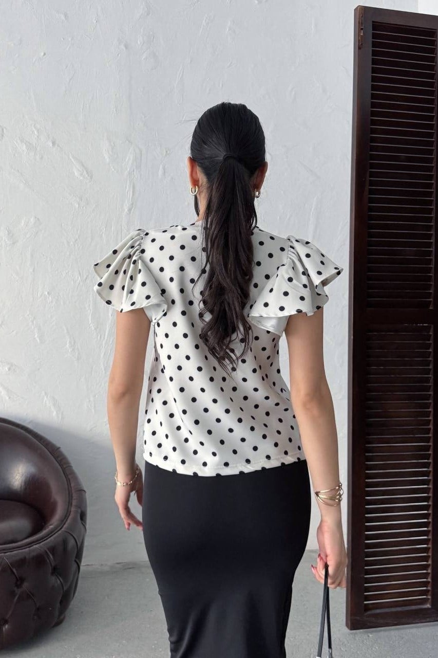 Wholesale White Polka Dot Puff Shoulder Blouse 0034-3142