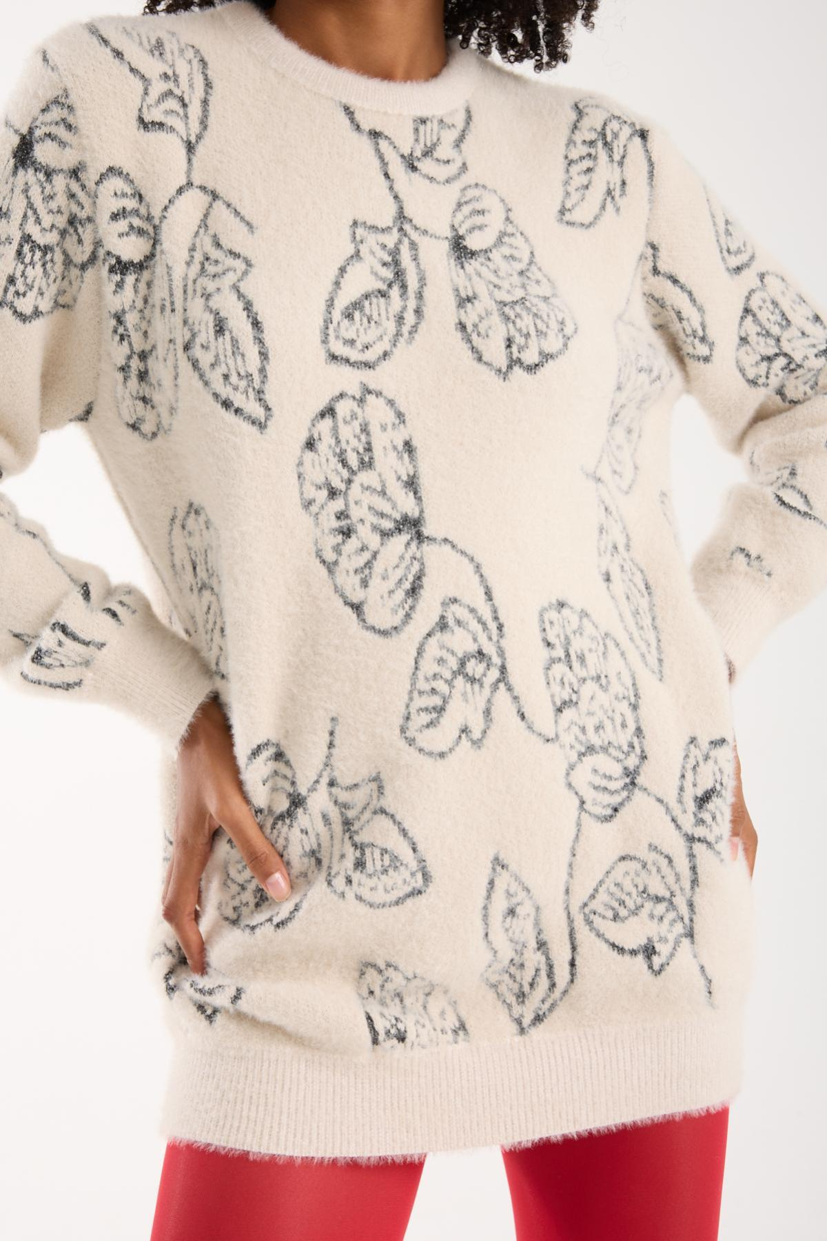 Wholesale Women Ecru Crew-Neck Knit Blouse with Leaf Pattern 738874