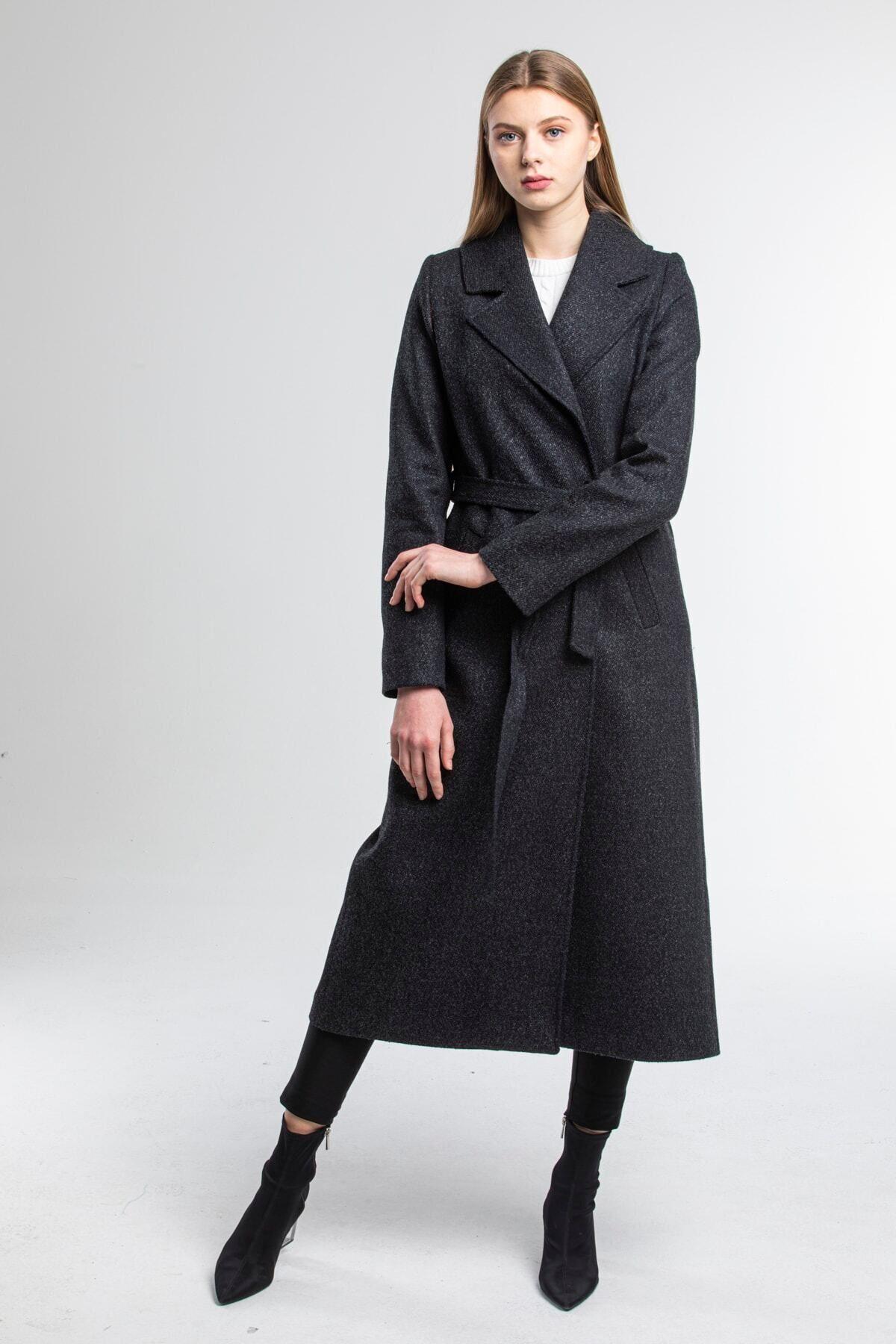 Wholesale Women's Anthracite Boucle Lapel Long Pocketed Belted Coat