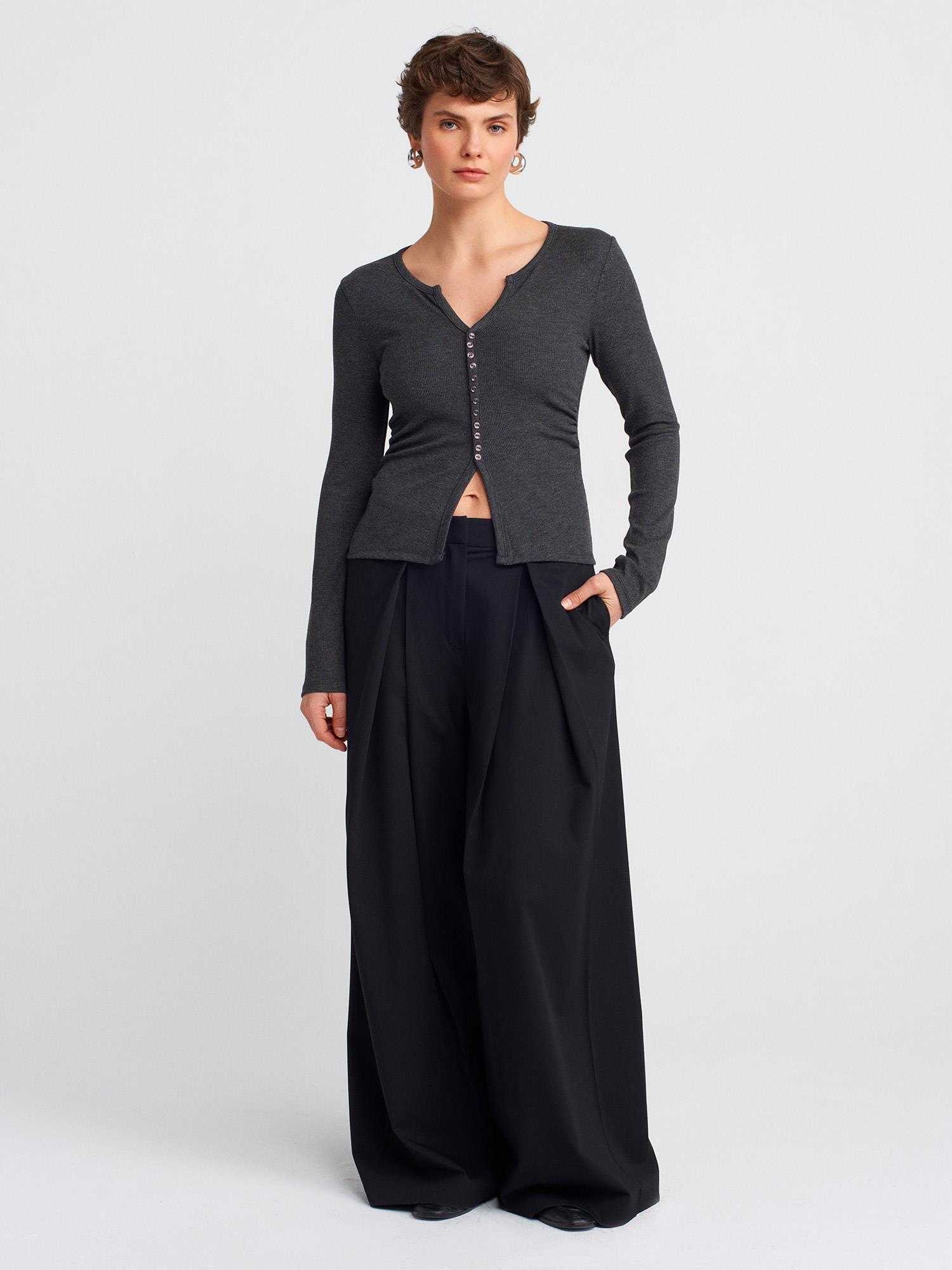 Wholesale Women's Anthracite Button Detailed Gathered Top 0431W26-31548