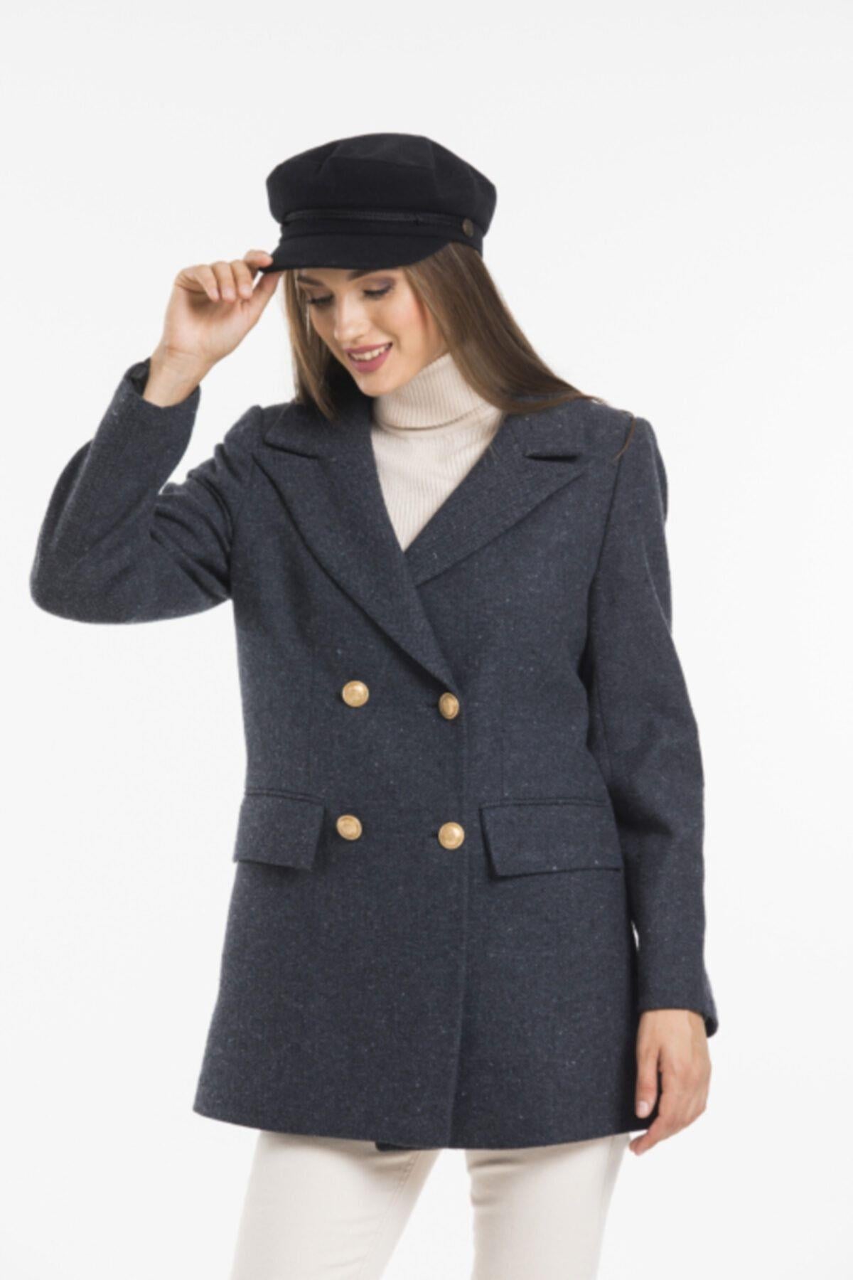 Wholesale Women's Anthracite Herringbone Gold Button Jacket
