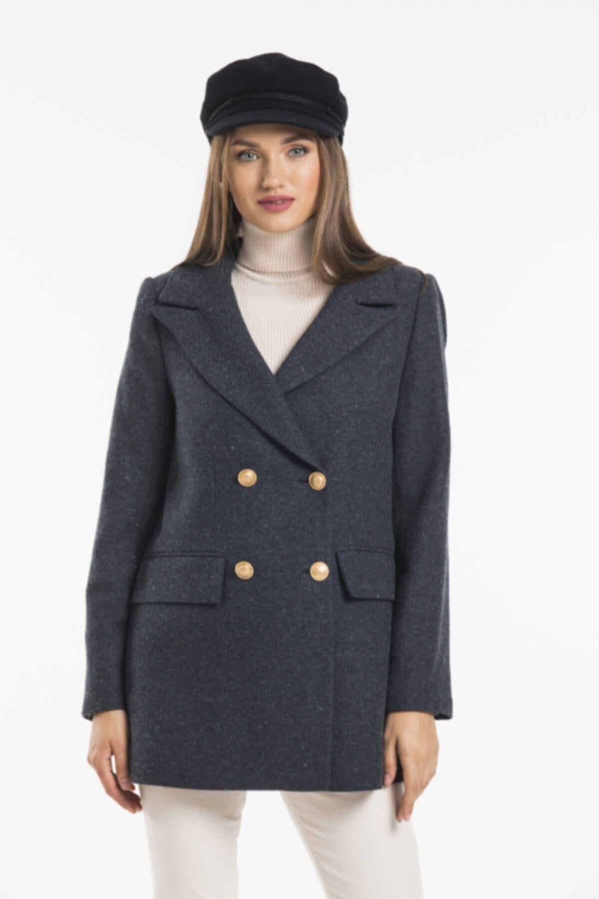 Wholesale Women's Anthracite Herringbone Gold Button Jacket