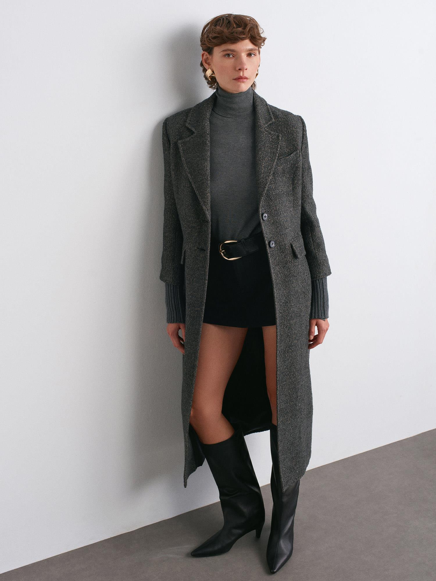 Wholesale Women's Anthracite Long Coat with Knitted Sleeves 0431-65478