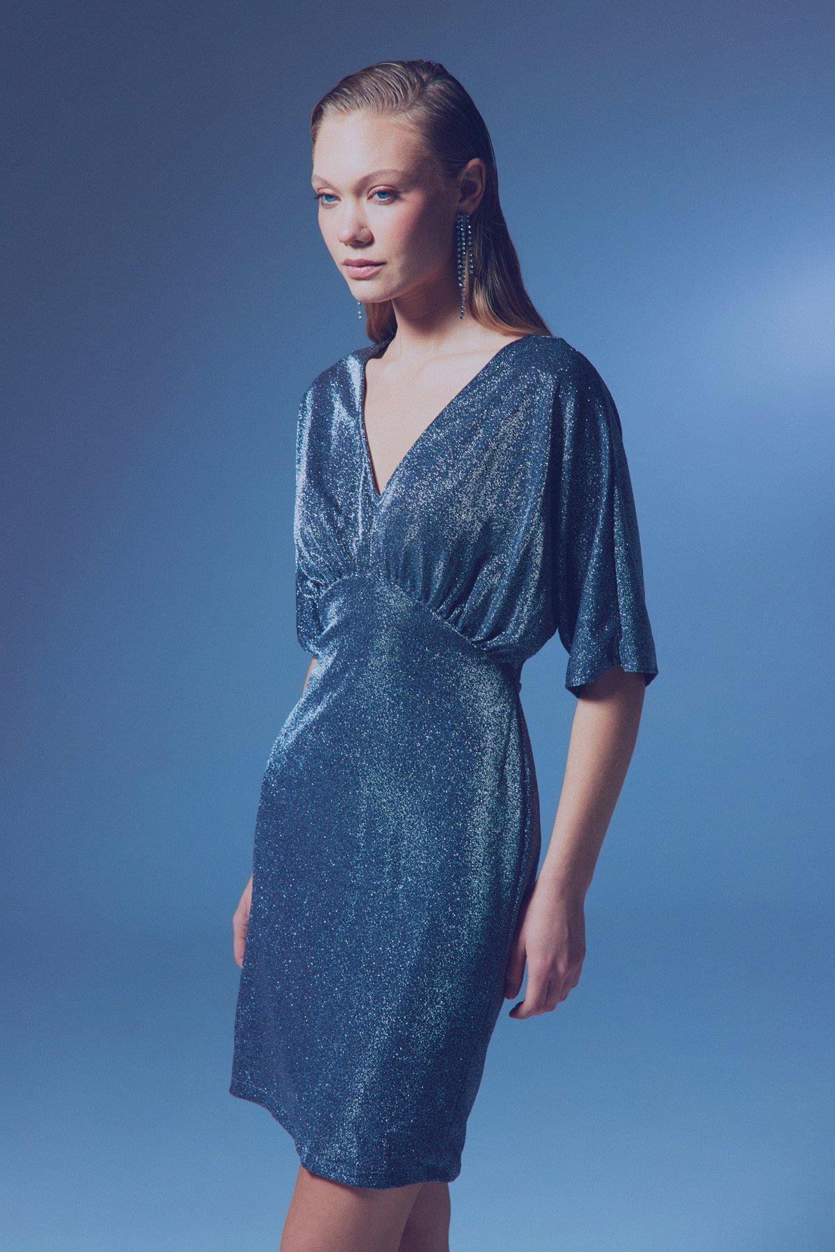 Wholesale Women's Anthracite Lurex Mini Dress with V-Neckline and Batwing Sleeves 0033-1658-3511