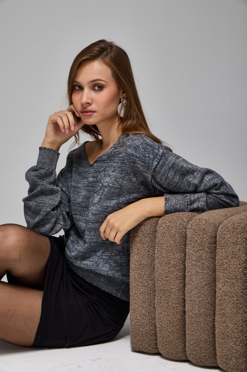 Wholesale Women's Anthracite Lurex Ombre Cotton Knit Sweater 0037-3720