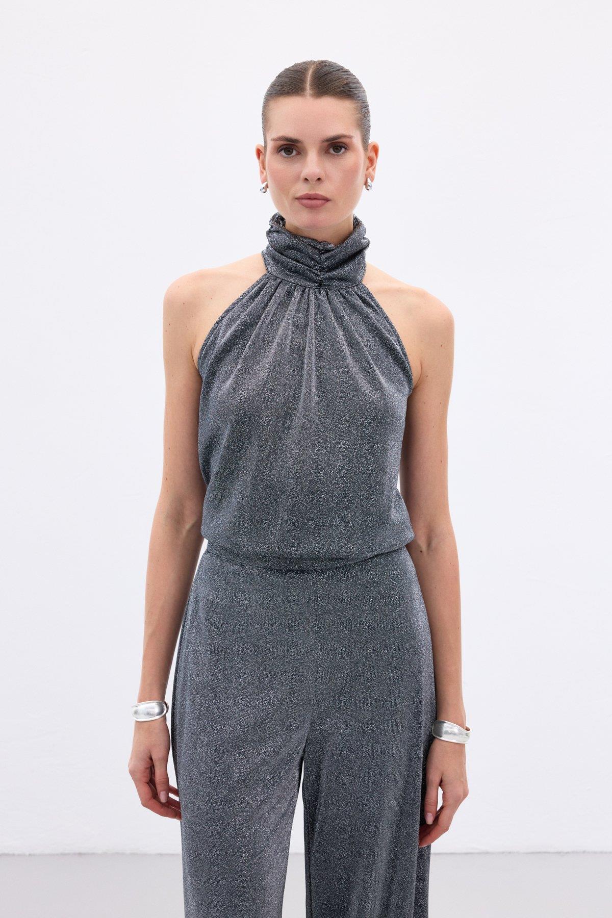 Wholesale Women's Anthracite Sleeveless Mock-Neck Lurex Blouse 0033-1327-1520