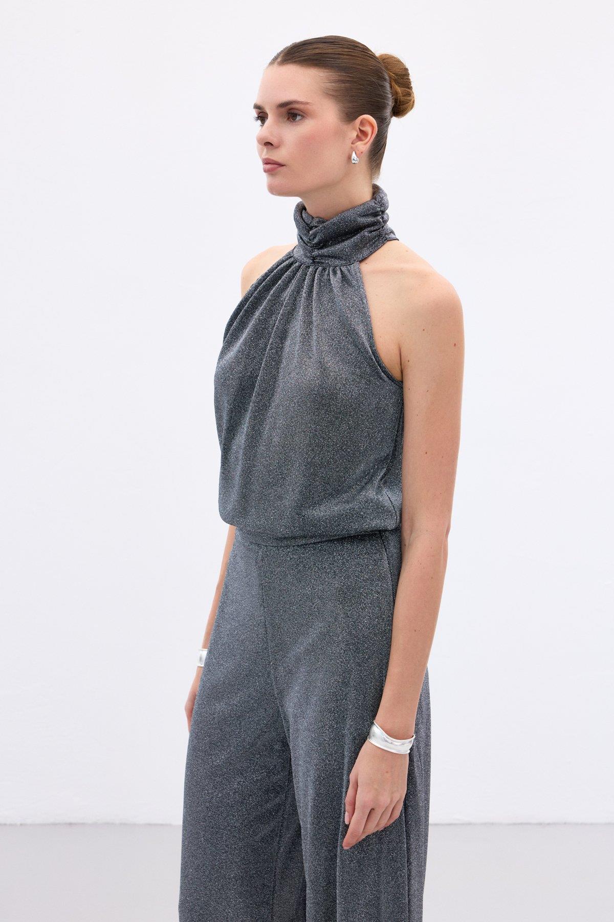 Wholesale Women's Anthracite Sleeveless Mock-Neck Lurex Blouse 0033-1327-1520