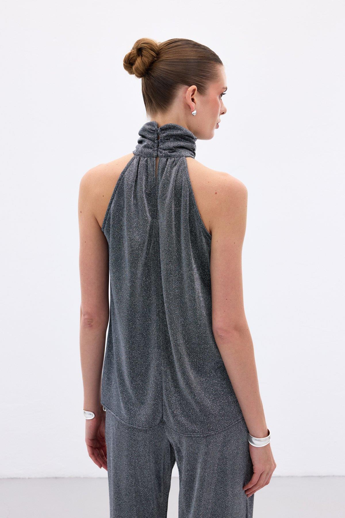 Wholesale Women's Anthracite Sleeveless Mock-Neck Lurex Blouse 0033-1327-1520