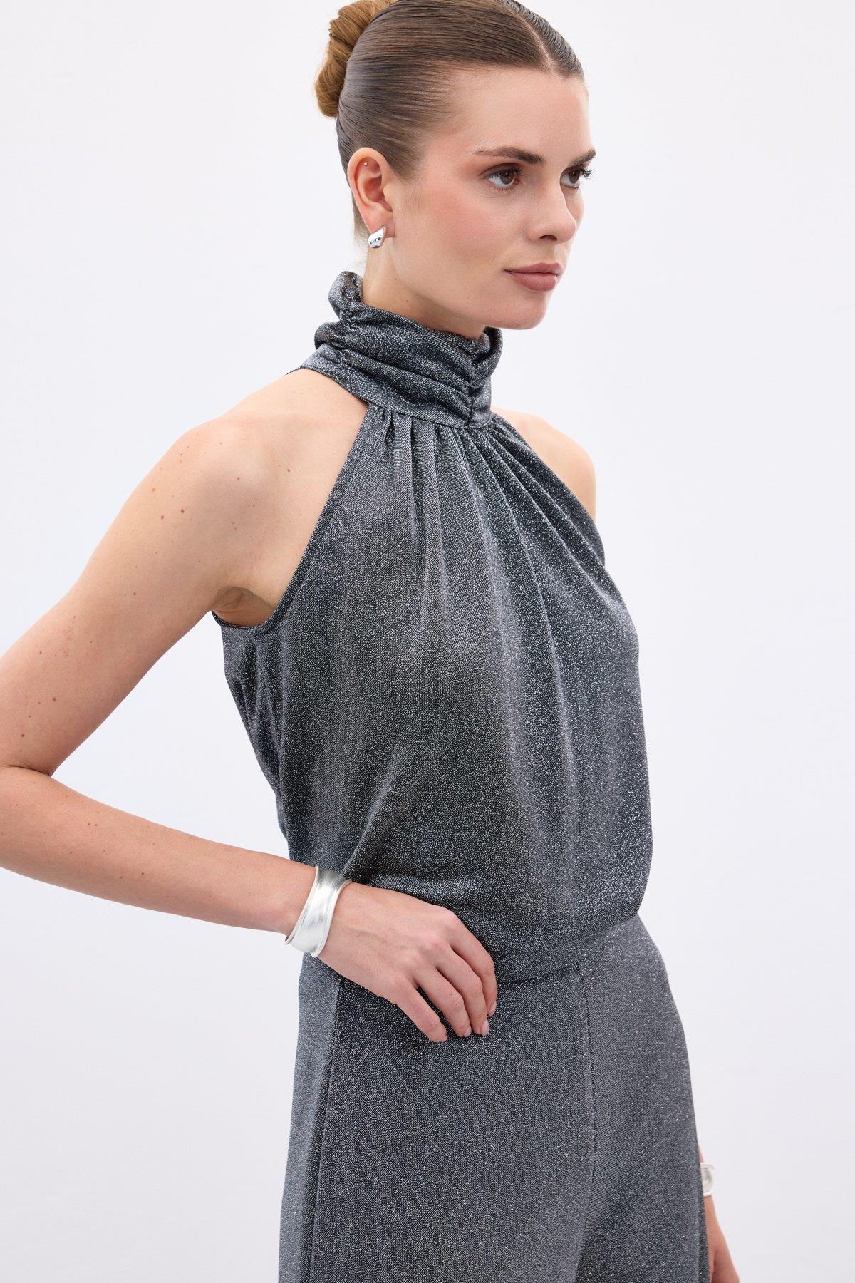 Wholesale Women's Anthracite Sleeveless Mock-Neck Lurex Blouse 0033-1327-1520