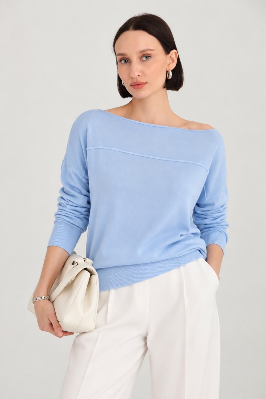 Wholesale Women's Baby Blue Fine Knit Sweater with Boat Neck and Drop Shoulders 0037-8540