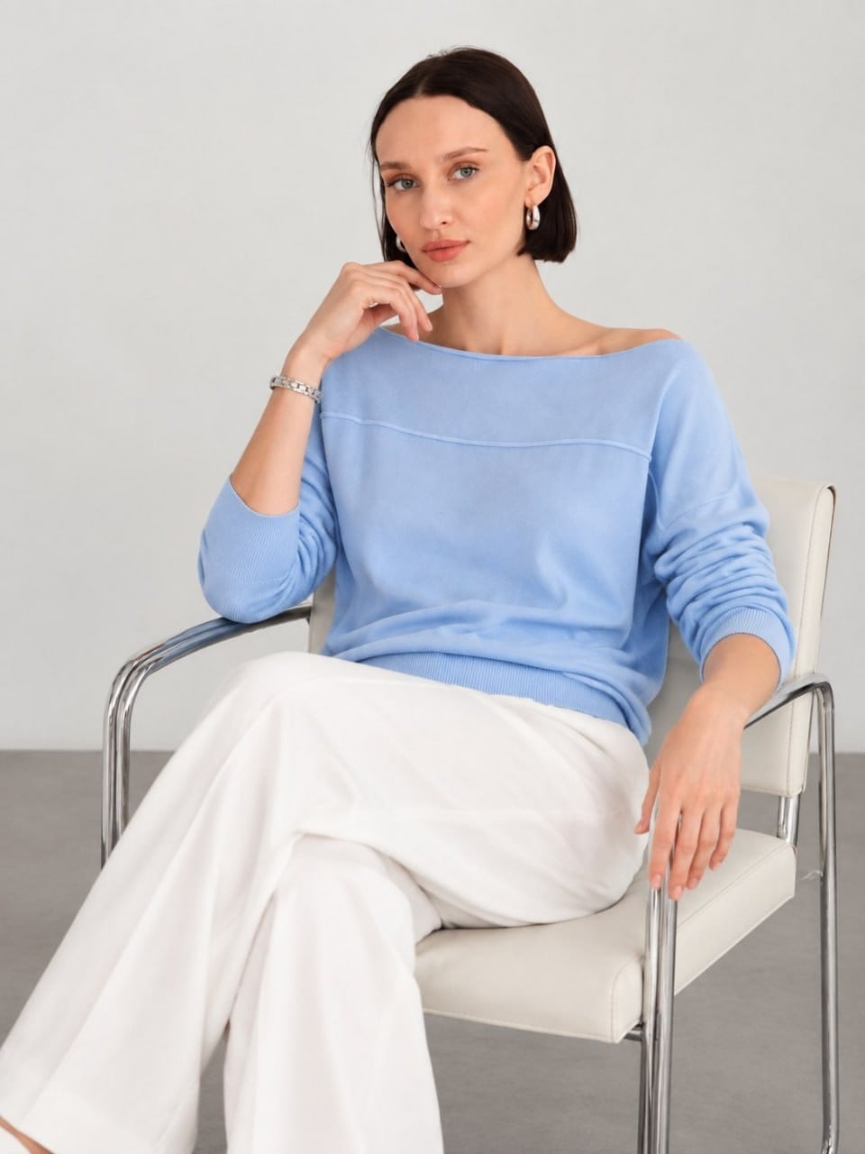Wholesale Women's Baby Blue Fine Knit Sweater with Boat Neck and Drop Shoulders 0037-8540