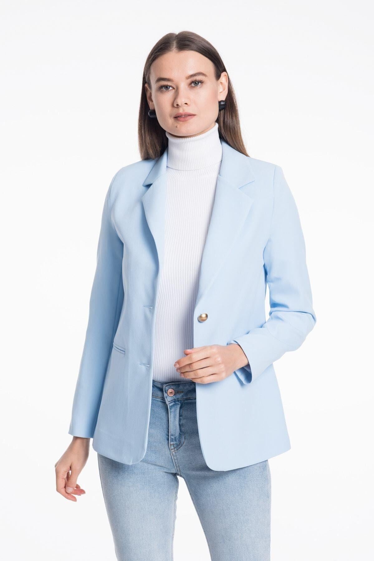 Wholesale Women's Baby Blue Gold Button Jacket