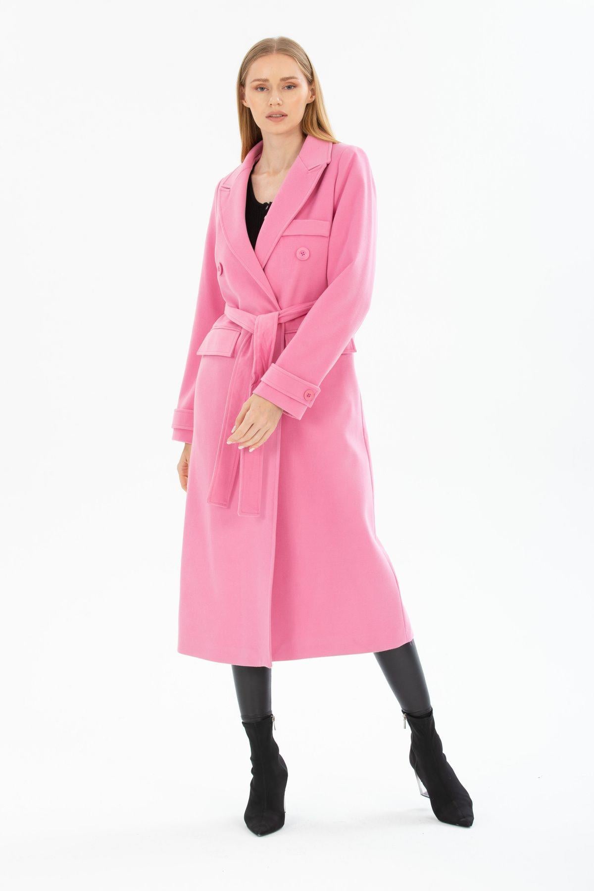 Wholesale Women's Barbie Pink Wool Buttoned Belted Pocketed Coat