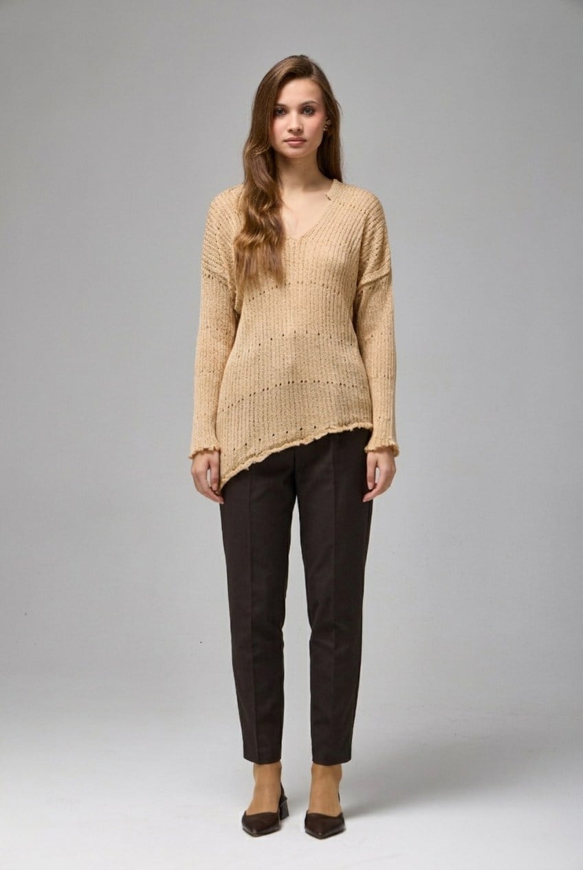 Wholesale Women's Beige Asymmetric Openwork Knit Sweater 0037-3723