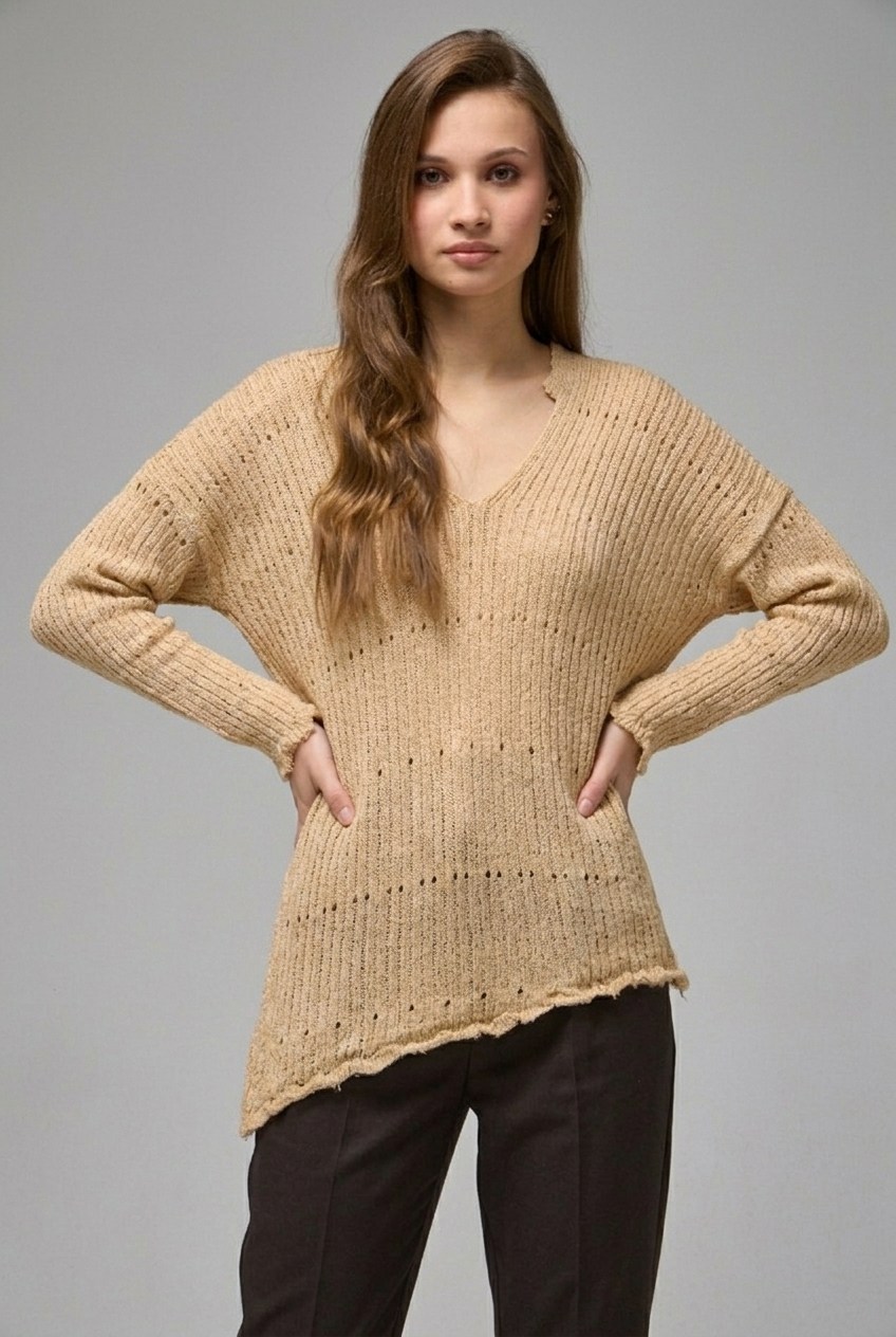 Wholesale Women's Beige Asymmetric Openwork Knit Sweater 0037-3723