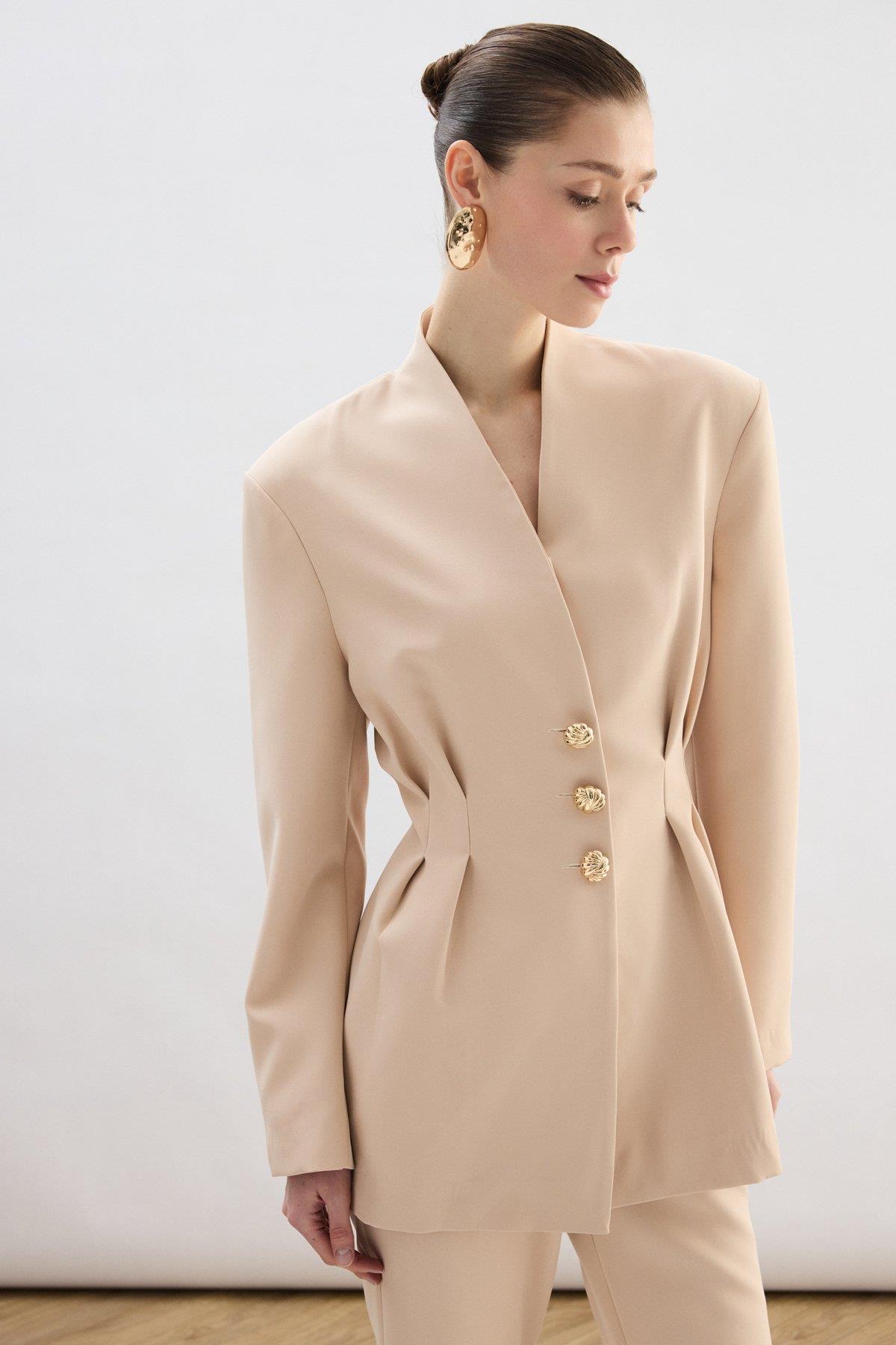 Wholesale Women's Beige Blazer with Golden Buttons 0033-1930-6611