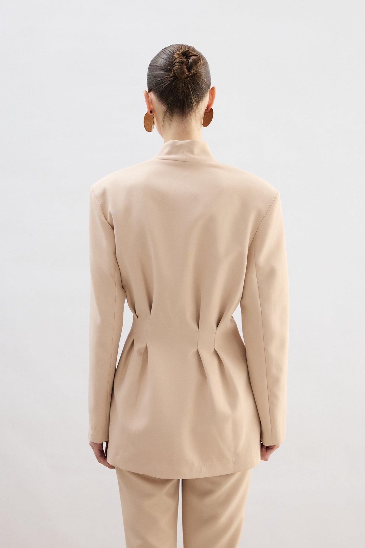 Wholesale Women's Beige Blazer with Golden Buttons 0033-1930-6611