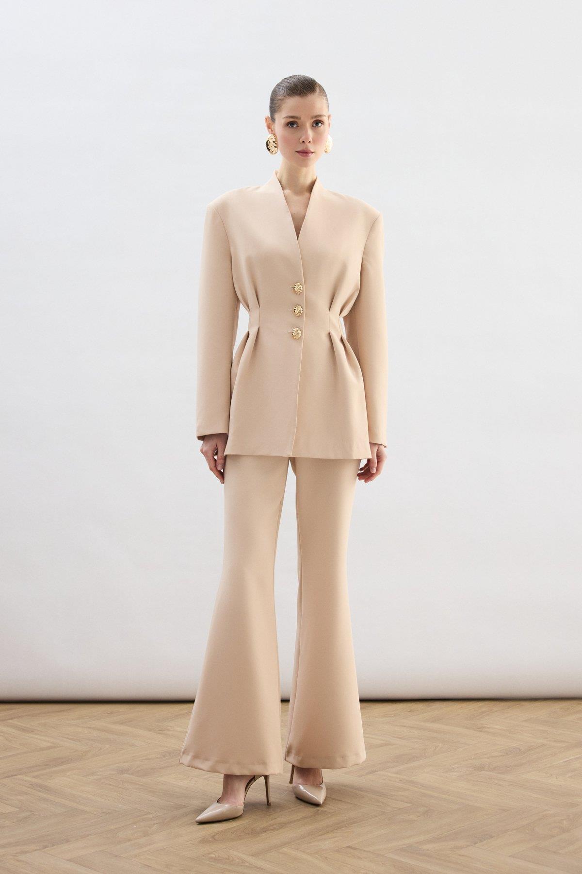 Wholesale Women's Beige Blazer with Golden Buttons 0033-1930-6611