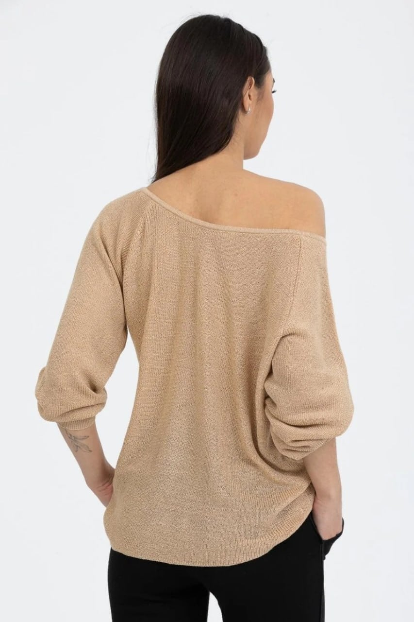 Wholesale Women's Beige Boat-Neck Mercerized Knit Sweater with Raglan Sleeves 0037-3322
