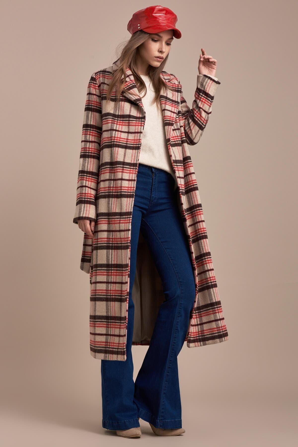 Wholesale Women's Beige Brown Red Checkered Coat