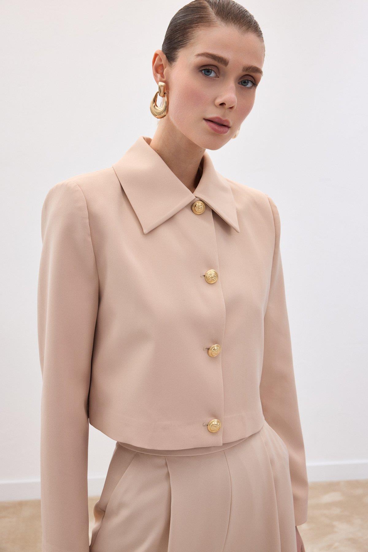 Wholesale Women's Beige Cropped Blazer with Gold Buttons 0033-1913- 6608