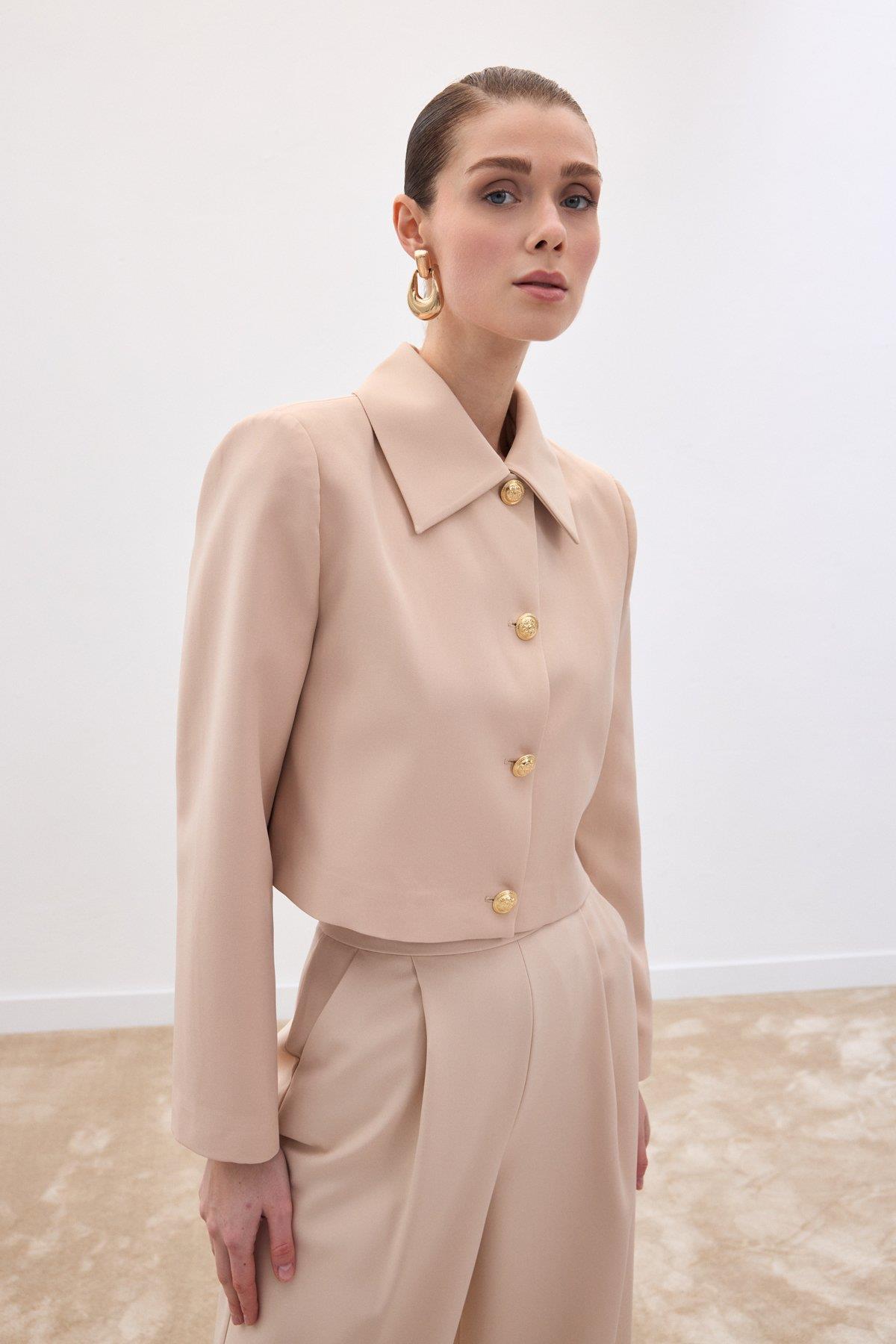 Wholesale Women's Beige Cropped Blazer with Gold Buttons 0033-1913- 6608