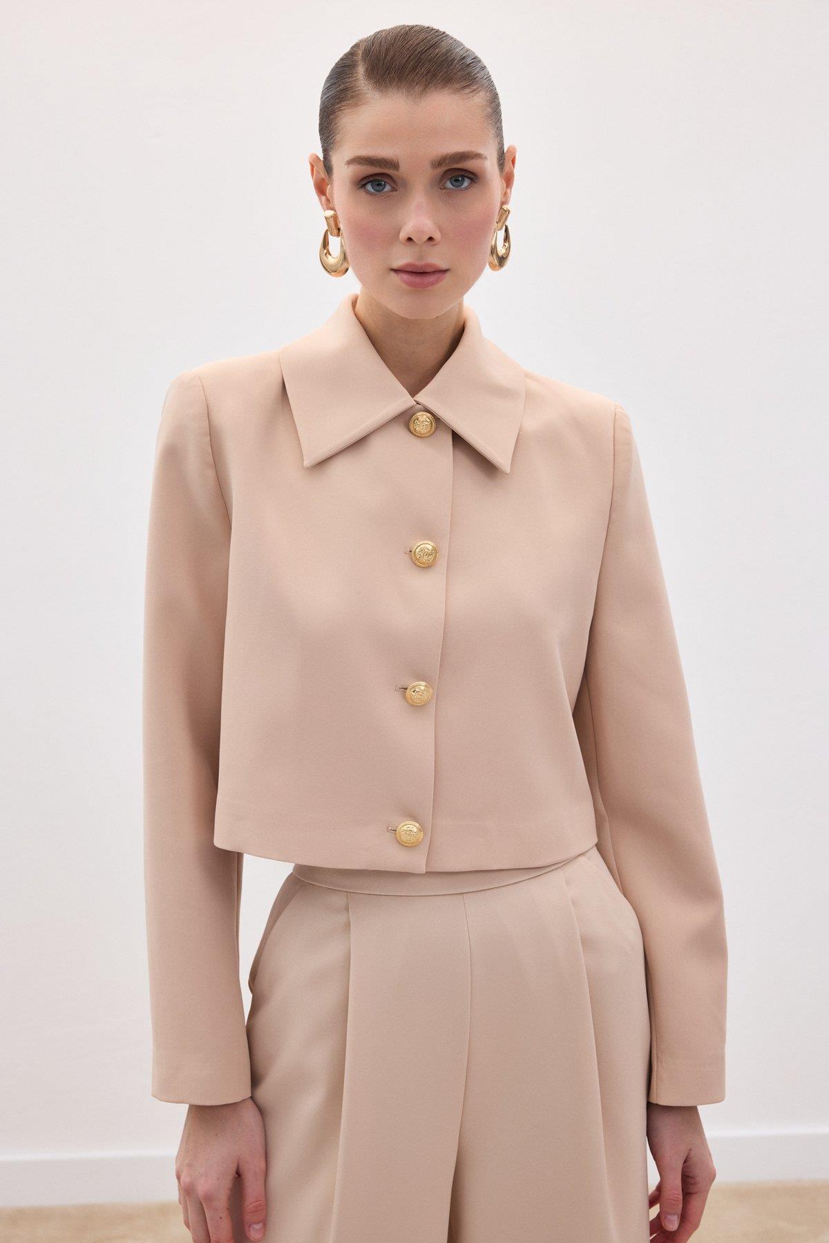 Wholesale Women's Beige Cropped Blazer with Gold Buttons 0033-1913- 6608