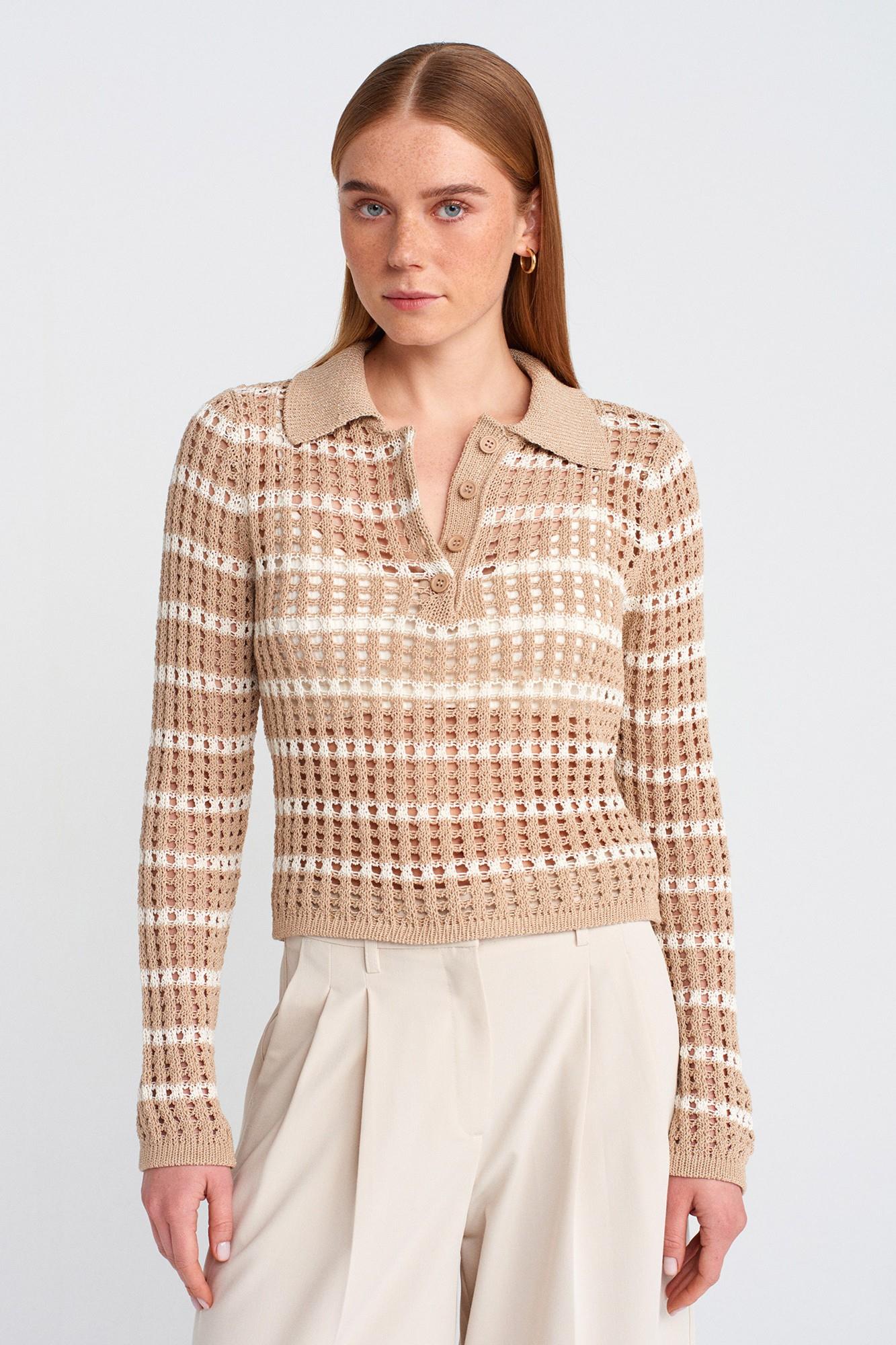 Wholesale Women's Beige-Ecru Polo Collar Openwork Knit Sweater 0431W26-10724
