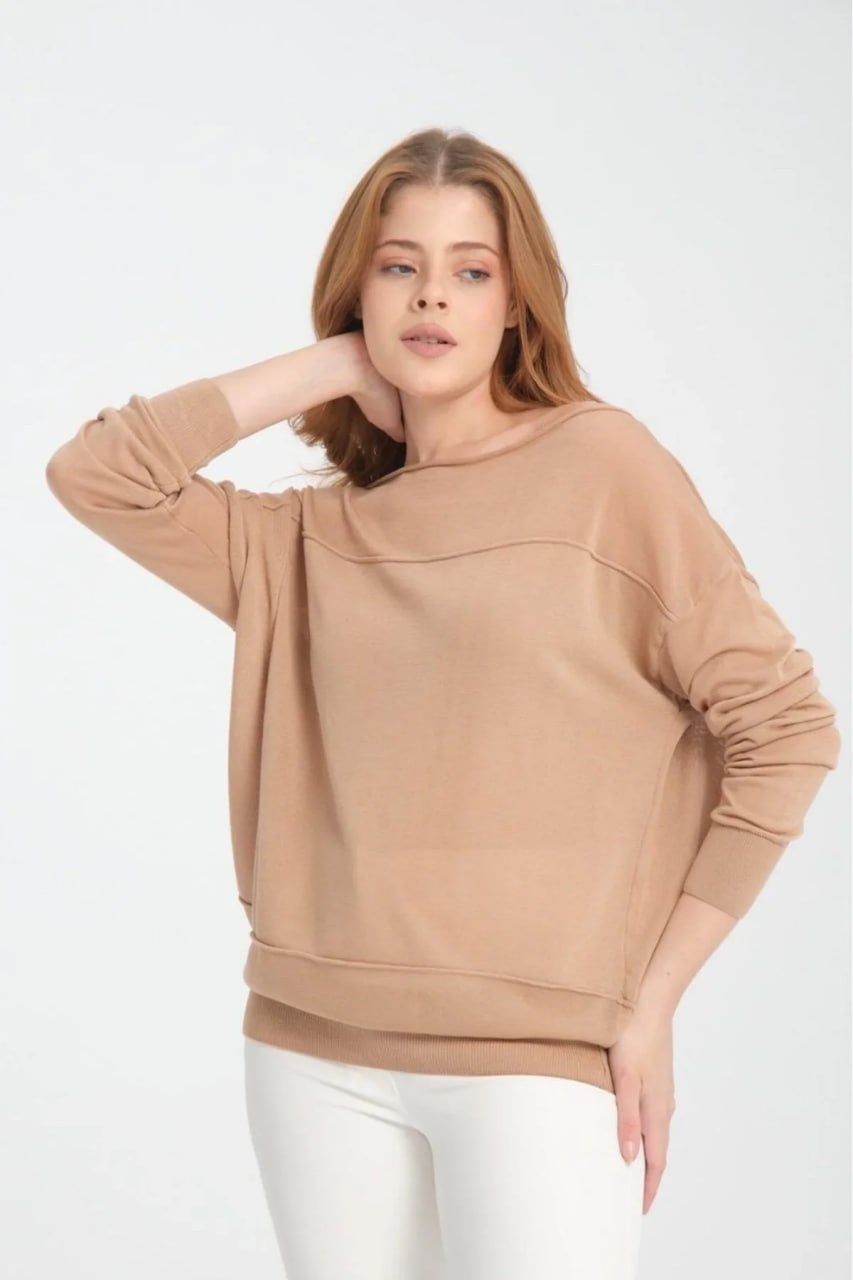 Wholesale Women's Beige Fine Knit Sweater with Boat Neck and Drop Shoulders 0037-8540