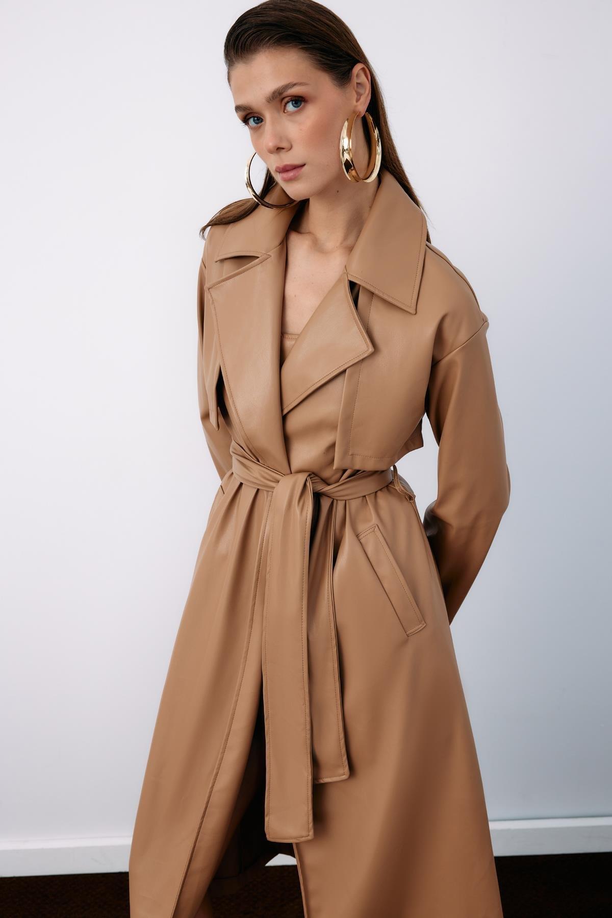 Wholesale Women's Beige Leather Trench Coat 0033-665-6517