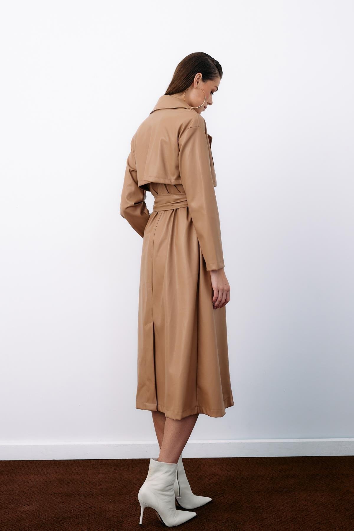Wholesale Women's Beige Leather Trench Coat 0033-665-6517