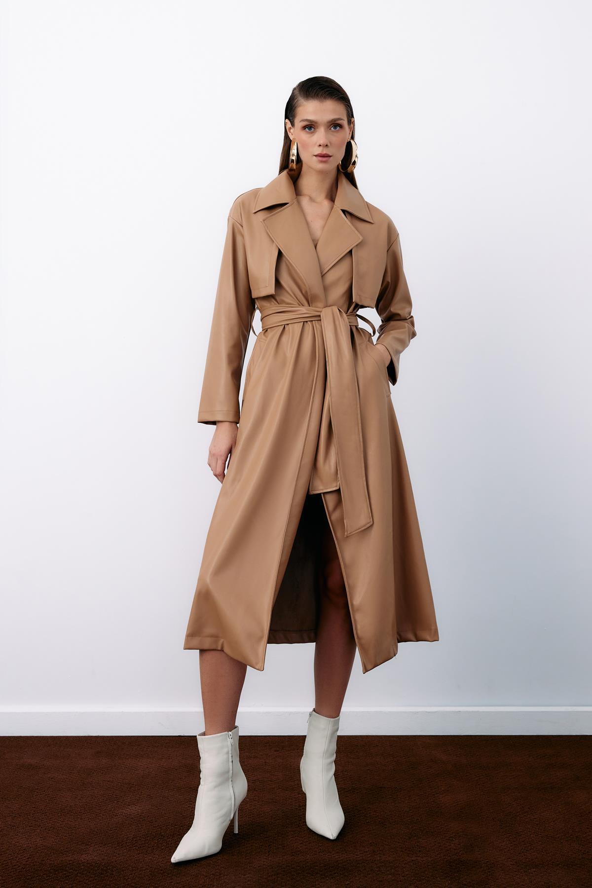 Wholesale Women's Beige Leather Trench Coat 0033-665-6517