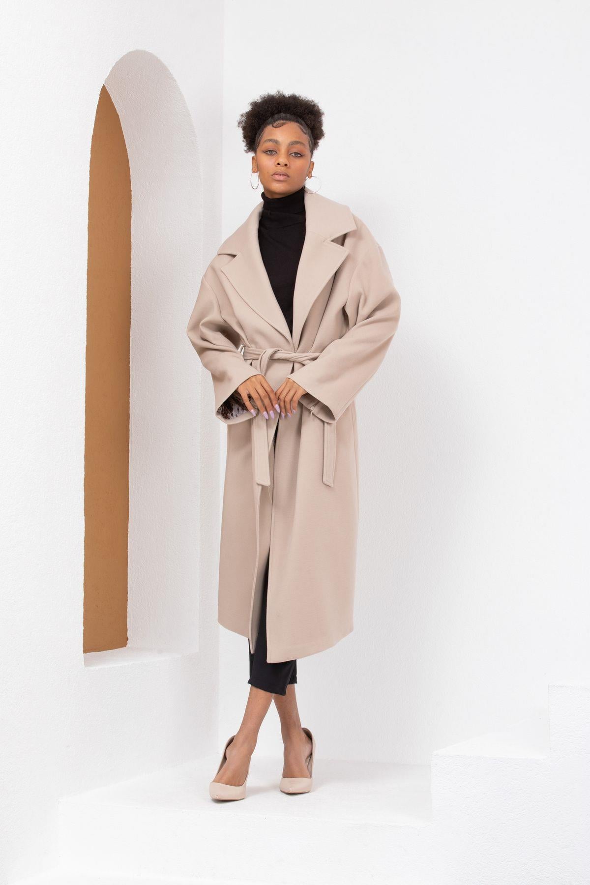 Wholesale Women's Beige Leopard Lined Wool Zippered Sleeves Belted Coat