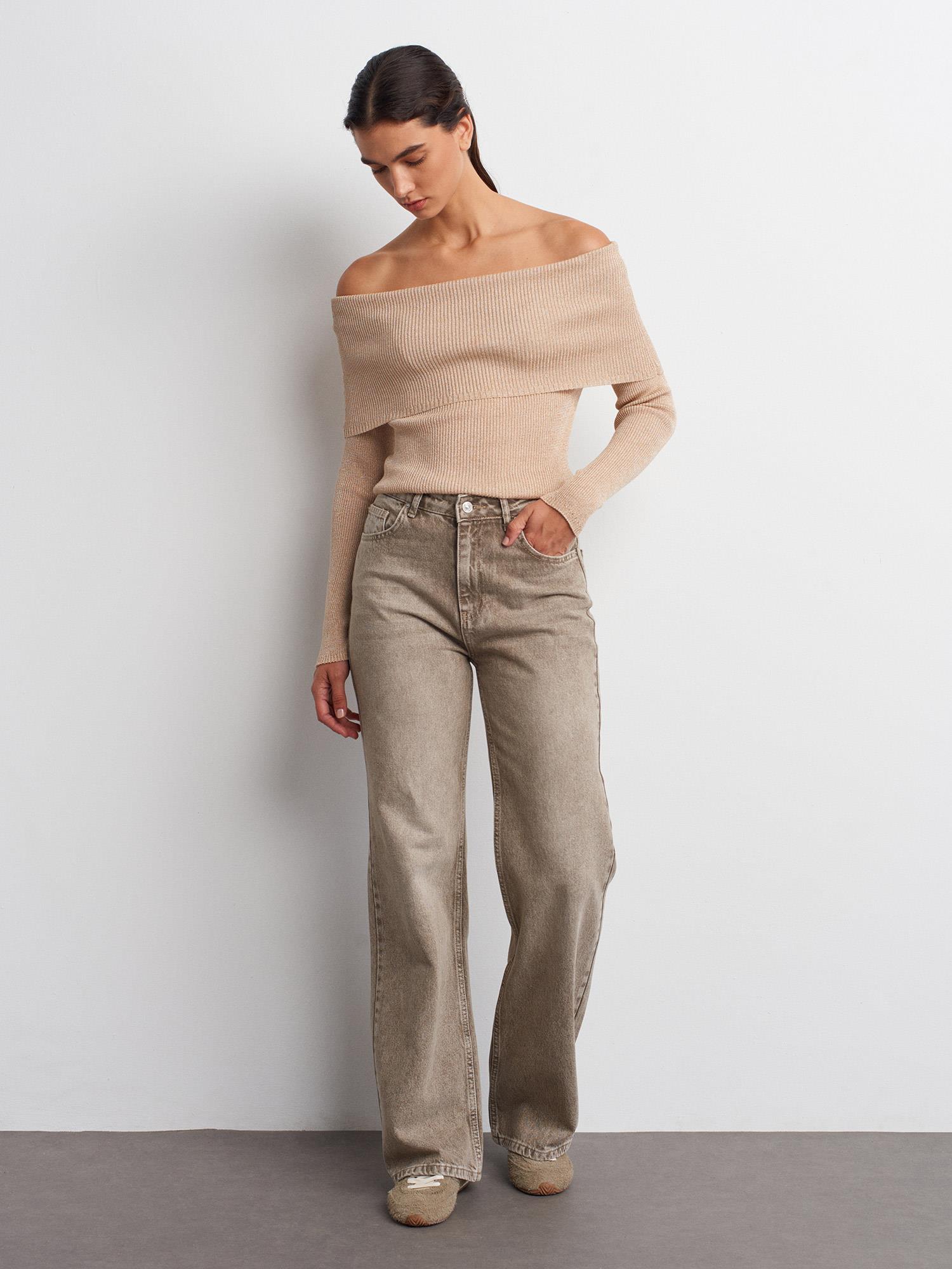 Wholesale Women's Beige Lurex Ribbed Knit Sweater with Carmen Collar 0431W26-10808