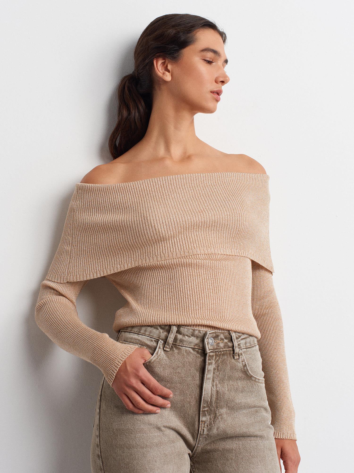 Wholesale Women's Beige Lurex Ribbed Knit Sweater with Carmen Collar 0431W26-10808