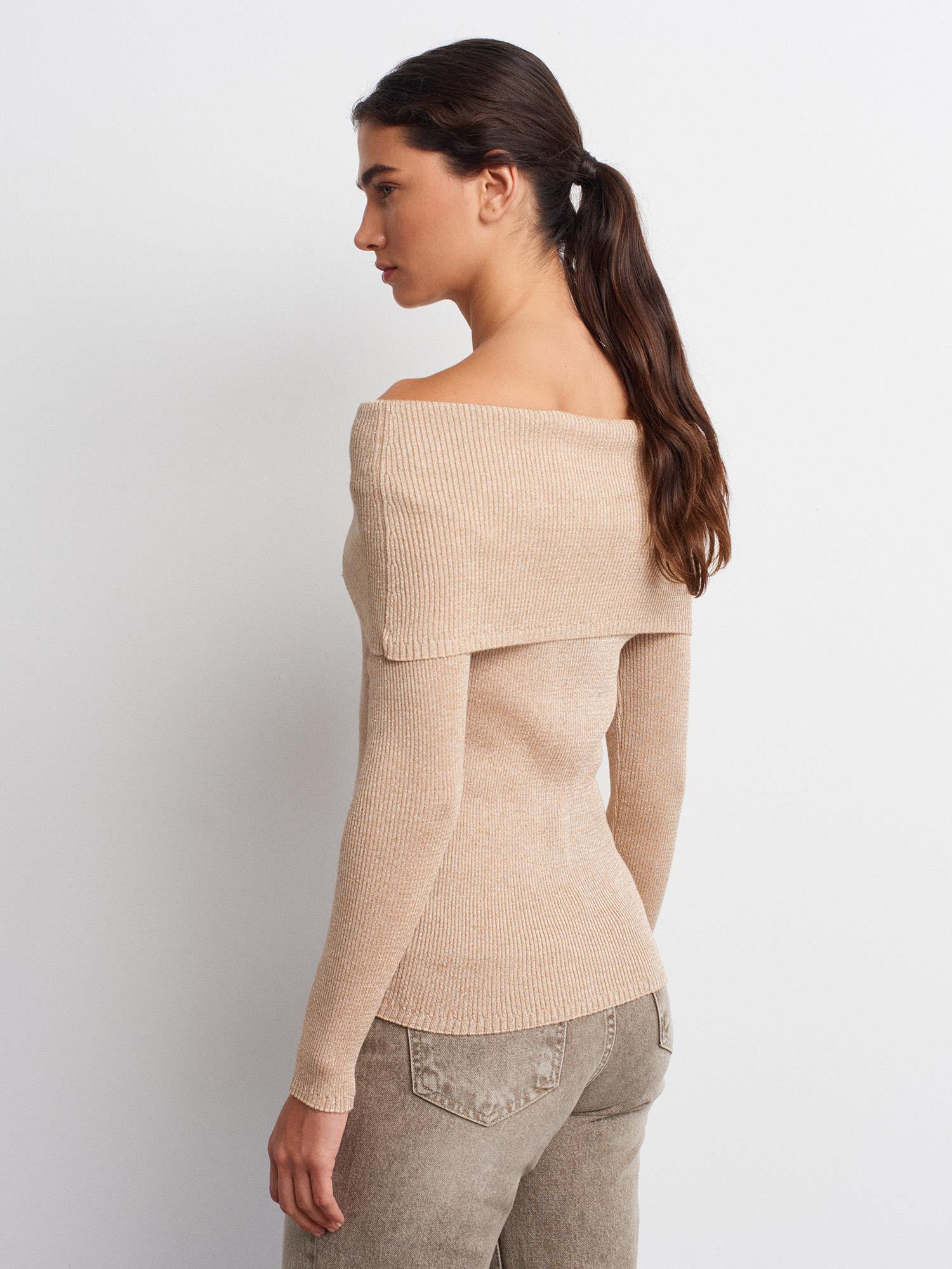 Wholesale Women's Beige Lurex Ribbed Knit Sweater with Carmen Collar 0431W26-10808