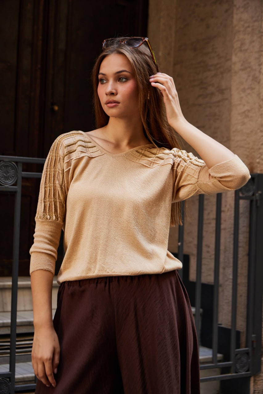 Wholesale Women's Beige Lurex-Thread Textured Yoke Knit Sweater 0037-3713
