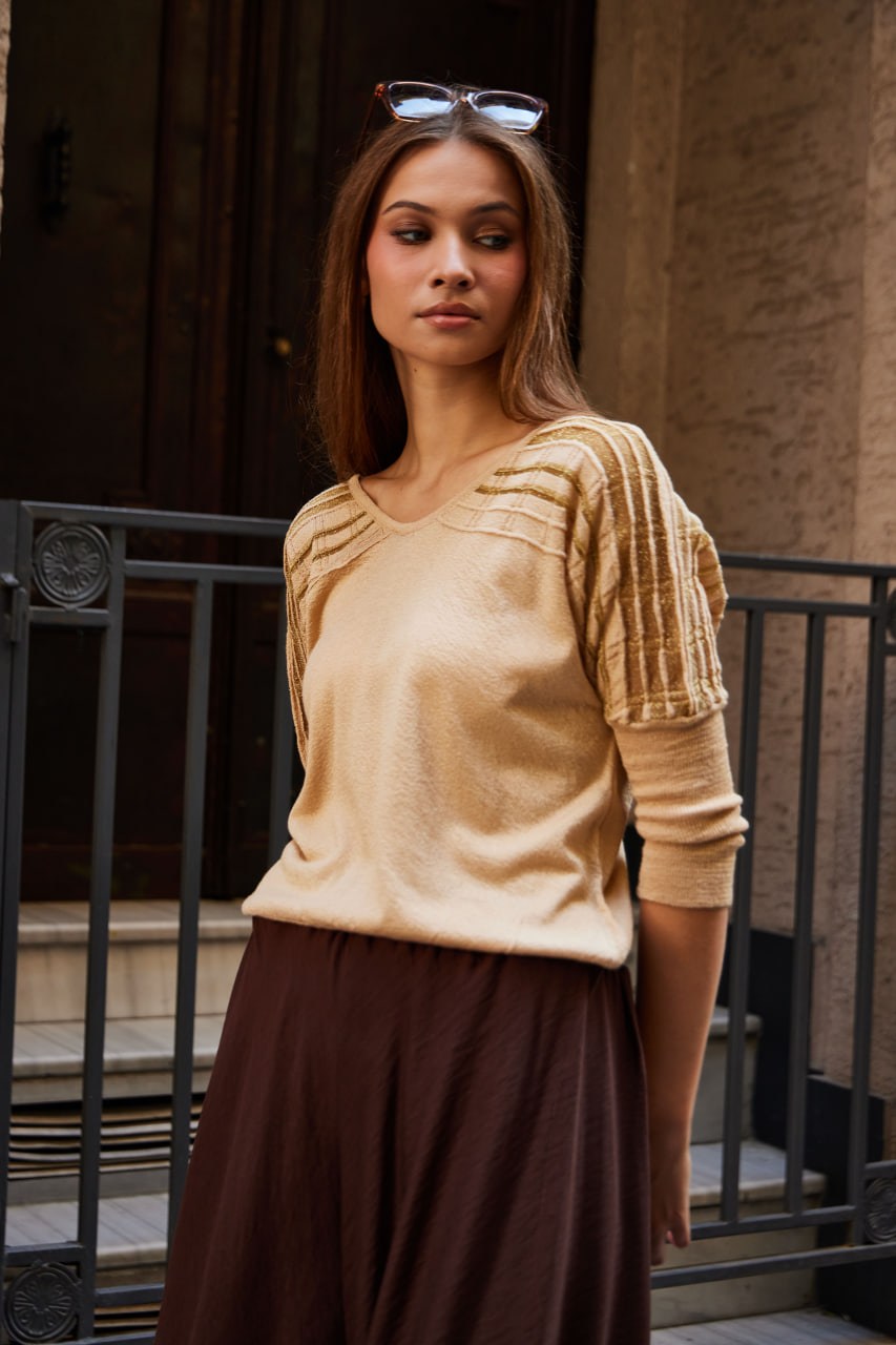 Wholesale Women's Beige Lurex-Thread Textured Yoke Knit Sweater 0037-3713