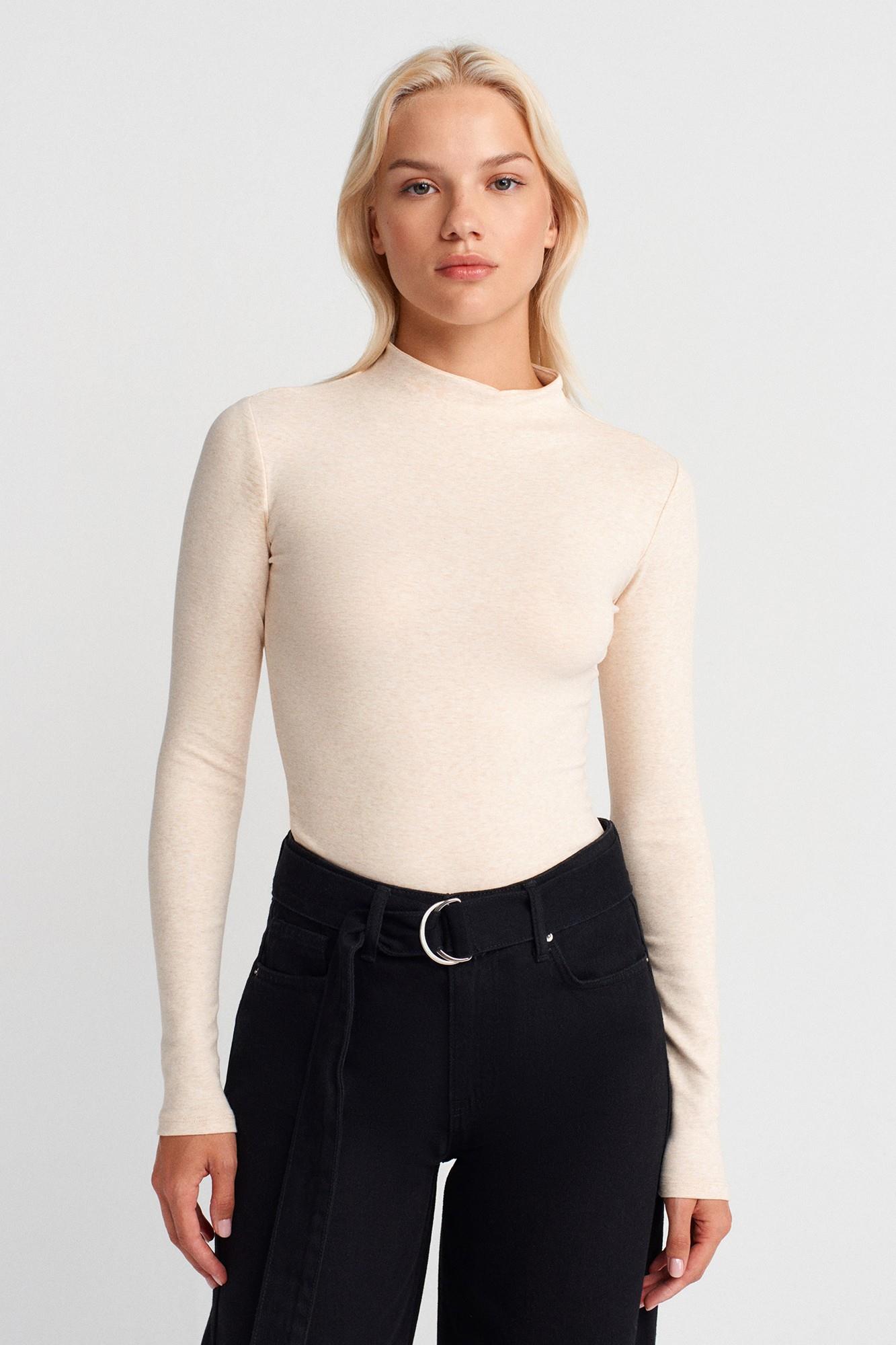 Wholesale Women's Beige Melange Mock-Neck Knit Top 0431-31433