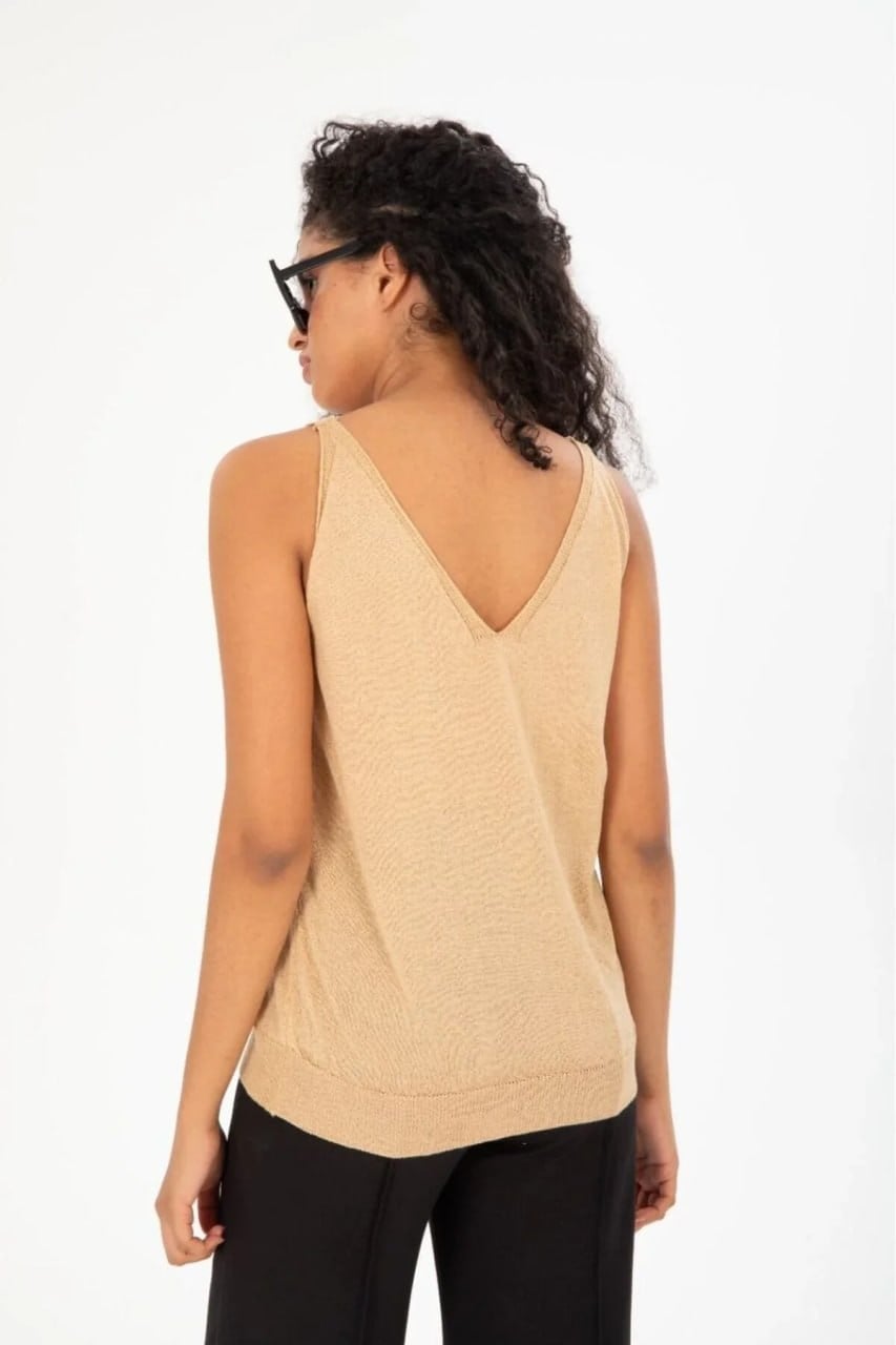 Wholesale Women's Beige Mercerized Knit Top with Front and Back V-Neck 0037-3360